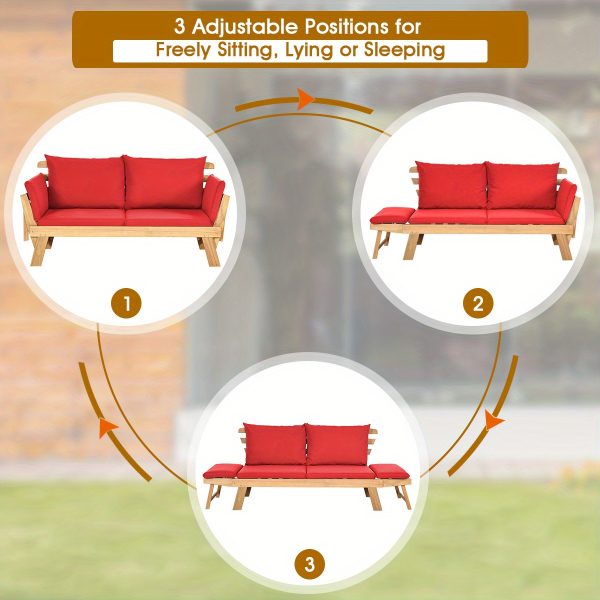 product-open-357c8bf3d81d4a63ac0ff3c3404829b3-goods COSTWAY Outdoor Transformable Couch Bed Sturdy Wooden Adjustable Piece with Thick Red Cushion