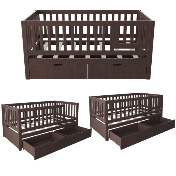 Convertible Bed with Storage Drawers, 3-In-1 Solid Wood Kids Daybed with Removable Guardrails, Compatible with Standard US Mattresses, White