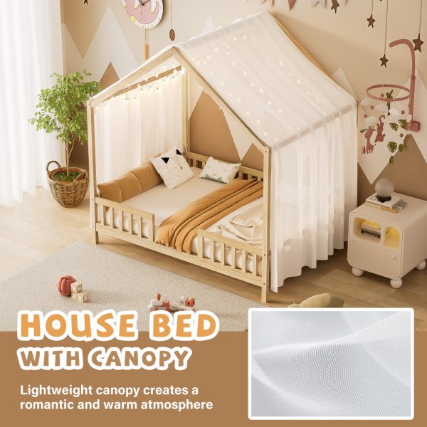 product-open-35d1a286f59f4a5e83a19680bfca5574-goods Full Bed Frame for Kids, House Shape Bed Frame with High Railings, Wood Kids Bed with Roof, Kid Full Bed, Natural