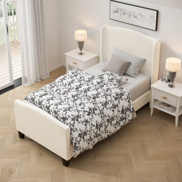 product-open-361da09a71da4c90975dd6752bd63565-goods Twin Size Bed Frame with 49. 21"High Back Upholstered Headboard and 27. 17" High Footboard, Teddy Velvet, 12 Slat Support, Solid Wood Feet, No Box Spring Needed White