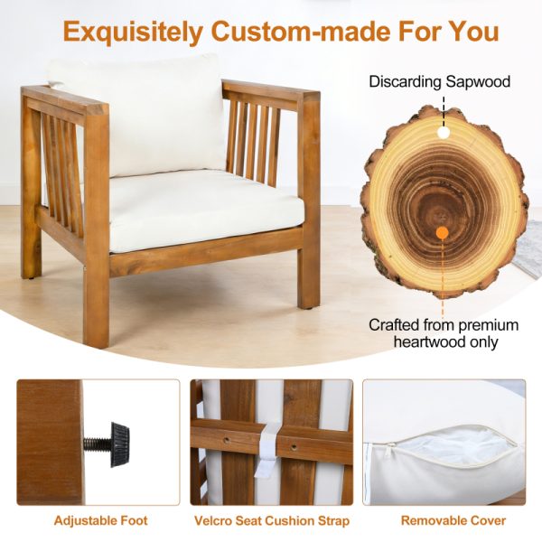 product-open-36e6783387814c06a73b50154fd1b45b-goods Outdoor Acacia Wood Club Chair with Modern Square Arms, Patio Chair with Thick Cushion, Adjustable Leveling Feet for Poolside, Backyard And Deck, Beige Cushion