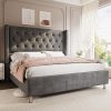 product-open-37c0b808ab044daa9218efd5ac8c7034-goods LUXOAK Modern Luxury 50" Wingback Bed Frame with Plush Beige/White Velvet Upholstery - Queen/King Size Platform Bed, Button Tufted Headboard & Nailhead Trim, Sturdy Frame, No Box Spring Needed, Easy Assembly (30-Min Setup)
