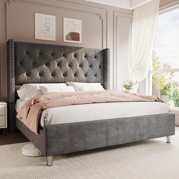 product-open-37c0b808ab044daa9218efd5ac8c7034-goods LUXOAK Modern Luxury 50" Wingback Bed Frame with Plush Beige/White Velvet Upholstery - Queen/King Size Platform Bed, Button Tufted Headboard & Nailhead Trim, Sturdy Frame, No Box Spring Needed, Easy Assembly (30-Min Setup)