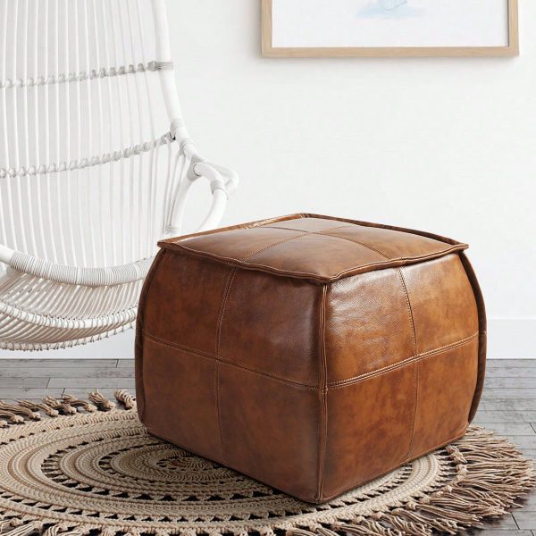 Leather Ottoman, Handmade Stuffed Square Ottoman, Genuine Leather Pouf, Foot Rest Pouf, Comfortable Soft Seating for Living Room& Bedroom(Brown, Black, Grey, Square)
