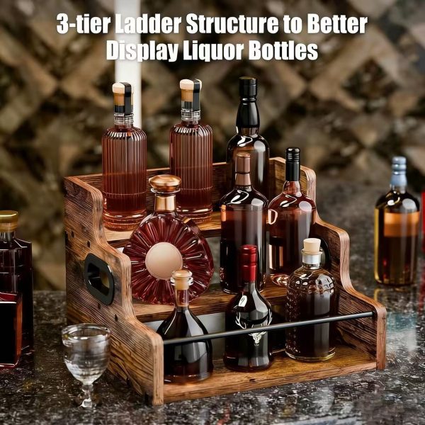 Solid Wood Liquor Bottle Display Shelf, Coffee Syrup Rack Organizer, 3 Step Countertop Liquor Wine Rack, Bar, Liquor Cabinet, Home Bar Shelf Stand for Liquor Whiskey, Spirits, Spice Rack