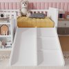 product-open-39ea49e506764df994d552abce9a416f-goods Twin Size Low Loft Bed for Kids with Slide, Movable Bookshelf Storage, Guardrails, Low Loft Bed Frame for Kids, White (Expect Arrival Date 2026/4/3)