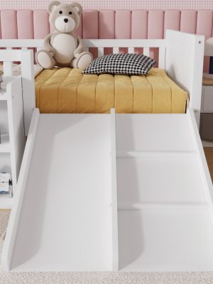 Twin Size Low Loft Bed for Kids with Slide, Movable Bookshelf Storage, Guardrails, Low Loft Bed Frame for Kids, White (Expect Arrival Date 2026/4/3)