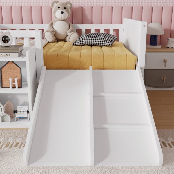 product-open-39ea49e506764df994d552abce9a416f-goods Twin Size Low Loft Bed for Kids with Slide, Movable Bookshelf Storage, Guardrails, Low Loft Bed Frame for Kids, White (Expect Arrival Date 2026/4/3)