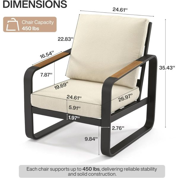 Outdoor Patio Lounge Chair with Beige Cushions, Black Aluminum Frame, Wood Armrests, Modern Style, Ideal Fathers Day Gift