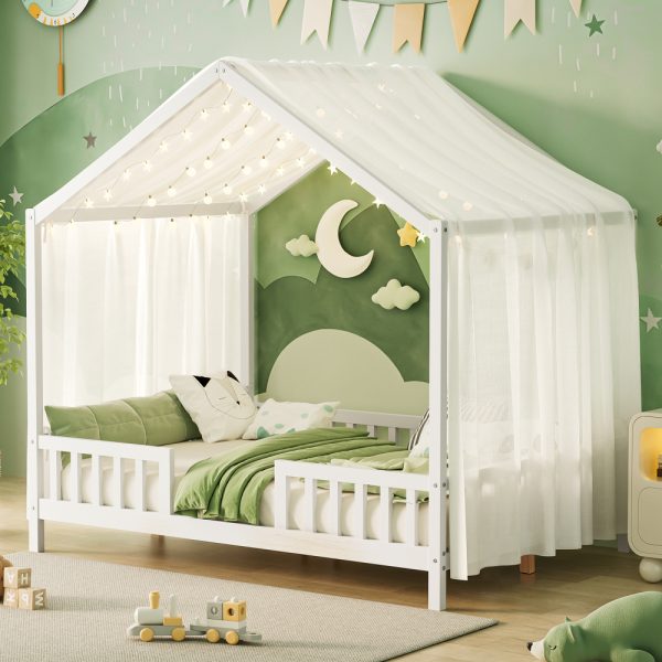 product-open-3a210b6fe79747cd81812a042cb56487-goods Full Bed Frame for Kids, House Shape Bed Frame with High Railings, Wood Kids Bed with Roof, Kid Full Bed, Natural