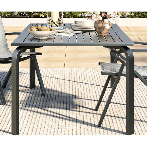 71-Inch Rectangular Aluminum Outdoor Dining Table Designed for Patios, Featuring an Umbrella Hole, Resistant to Weather And Rust, Accommodating 6 to 8 Individuals for Backyard And Deck Use