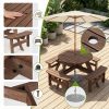 product-open-3afc1a447212414fbb575e61ab0f2698-goods 6-Person Outdoor Wooden Picnic Table, Round Table And 3 Benches with Umbrella Hole, Outdoor Seating And Dining Furniture for Patio Garden Backyard Lawn, 1700 LBS Capacity