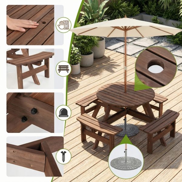 product-open-3afc1a447212414fbb575e61ab0f2698-goods 6-Person Outdoor Wooden Picnic Table, Round Table And 3 Benches with Umbrella Hole, Outdoor Seating And Dining Furniture for Patio Garden Backyard Lawn, 1700 LBS Capacity