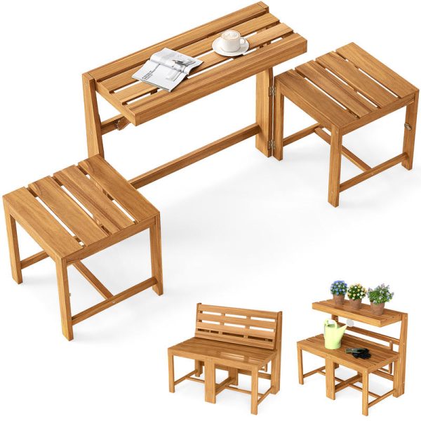 3-in-1 Outdoor Acacia Wood Loveseat Bench | Durable Hardwood Construction with Slatted , Mixed Color End