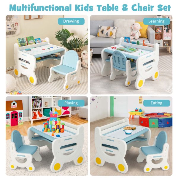 product-open-3c47a1cd1e574f19ab88cb26da3f1703-goods COSTWAY Kids Table and Chair Set with Graffiti Desktop, Bookshelf & Storage Shelf, Watercolor Pens & Eraser - Anti-Slip Foot Pads, Durable Plastic Activity Table and Chair Set for Ages 3-8 Years, Easy Assembly, Space-Saving Design with Lower Storage