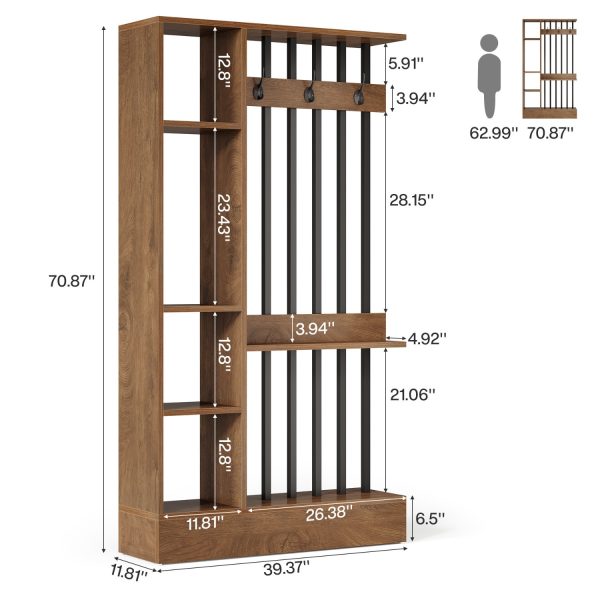 71-Inch Wooden Standalone Room Divider, Wall Partition Bookcase Featuring Shelves And Coat Hooks, a Contemporary Decorative Screen Suitable for Home And Office, in Brown