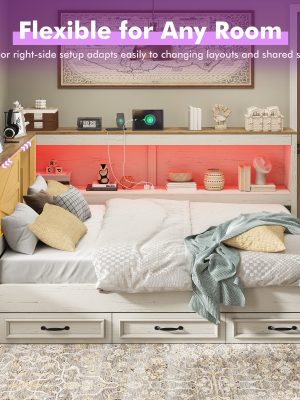PAPAJET Storage Corner Bed Frame with Bookcase Headboard LED Lights Charging Station and Drawers Farmhouse Platform Bed for Bedroom