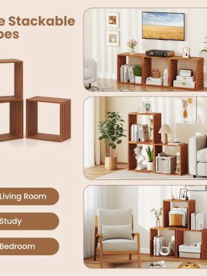 LIFEZEAL 3-Tier Solid Wood Stackable Storage Cubes - Freestanding Open Bookcase Shelves with Natural Teak Finish, Heavy-Duty Interlocking Design for Living Room, Bedroom, Home Office - Space-Saving Organizer, Easy Assembly, Modern Farmhouse Style, Sturdy Hardwood Construction, Multi-Purpose Furniture (Compatible with Vinyl Record Display) - Ideal for Small Spaces, Natural Wood Grain