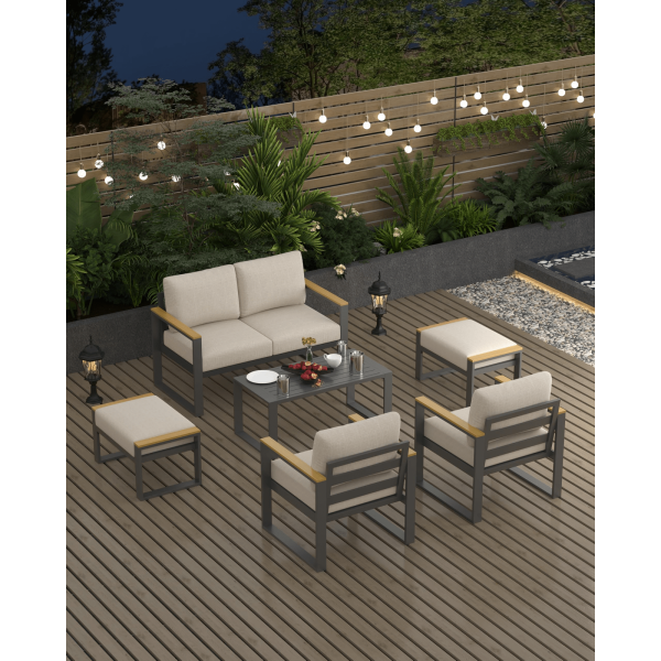 IDEALHOUSE Outdoor 2pcs Aluminum Patio Ottoman, Outdoor Footstool with Seat Cushions, Small Metal Outdoor Chairs for Balcony, Garden, Deck, Backyard, Beige