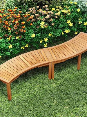 COSTWAY Outdoor Curved Bench, Acacia Wood Backless Fire Pit Bench with Slatted Seat, Wrap Around Tree Bench, Rustic Wooden 2-Person Seating for Porch, Backyard, Patio, Deck, Natural