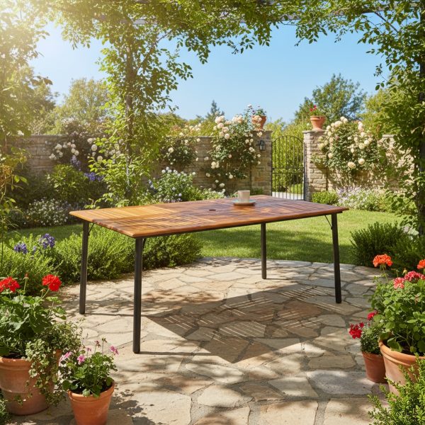 product-open-3ebe13827f4b441b9f407c570118fe68-goods Large Outdoor Acacia Wood Dining Table with Umbrella Hole - 6-Person Rectangular Patio Table, Heavy-Duty Metal Frame & Slat Tabletop, for Garden, Backyard, Poolside, Deck (63"L x 36"W x 30"H) - Easy Assembly, Wood