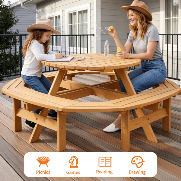 product-open-3ef0c65b9fb34f6ab079ebdccfb87592-goods 8-Person Round Wooden Picnic Table with Umbrella Hole, Wood Outdoor Dining Set with 4 Built-In Benches for Garden, Patio And Backyard