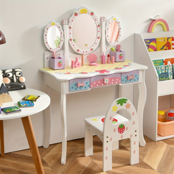 product-open-3ef9a7ed174340f5acad36aaea93c1fb-goods COSTWAY Kids Vanity Table & Chair Set, Princess Makeup Dressing Table w/ 360° Rotating Tri-fold Mirror & Cute Strawberry Prints, 2 in 1 Vanity Set Writing Desk w/ 3 Drawers & 2 Storage Grids