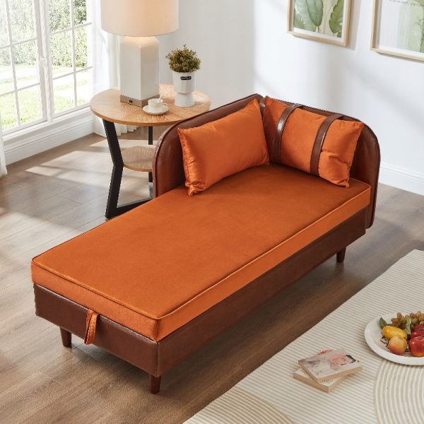 product-open-3fdc9003066d4d45a6e93e2b21338602-goods 65-Inch Storage Chaise Lounge Sofa in Brown PU And Orange Velvet