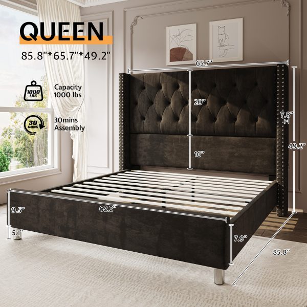 product-open-40089c3d099c46088e9307cde4e7bb70-goods LUXOAK Modern Luxury 50" Wingback Bed Frame with Plush Beige/White Velvet Upholstery - Queen/King Size Platform Bed, Button Tufted Headboard & Nailhead Trim, Sturdy Frame, No Box Spring Needed, Easy Assembly (30-Min Setup)