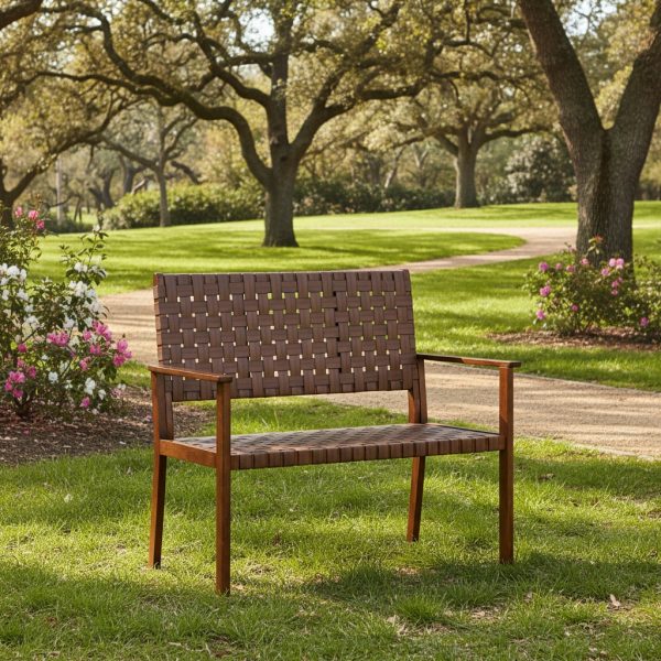 product-open-4021f0bc21de45799423f6986567498c-goods MULTIGOT Hand-Woven PU All-Weather Outdoor Bench with Solid Rubber Wood Frame - Heavy-Duty 400lb Capacity Patio Loveseat Chair, Wide Backrest & Armrests, Brown Wicker-Like Texture, Low-Maintenance Garden Furniture for Porch, Deck