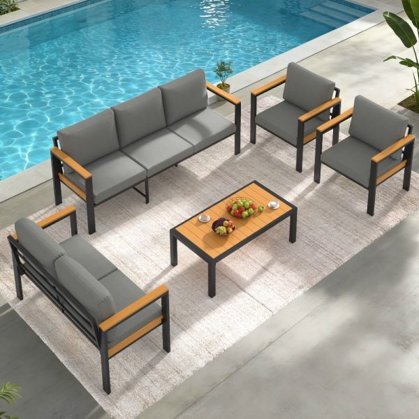 product-open-406a85aa2d8e4ddba033936c3ca046ec-goods Modern 4/5/7pcs Metal Patio Furniture Set, Outdoor Conversation & Pub Table Set with Coffee Table for Porch, Balcony and Sunroom, Gray