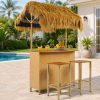 product-open-40c2316be65c4585b832bd84083f0efa-goods Outdoor Bar Set with Grass Canopy, 2-Seat Patio Bar Table And Stools, Bar Height Outdoor Dining Set, Adjustable Feet Design, Built-In Storage Space, Tiki Bar Furniture for Backyard Poolside Garden Deck Porch Balcony