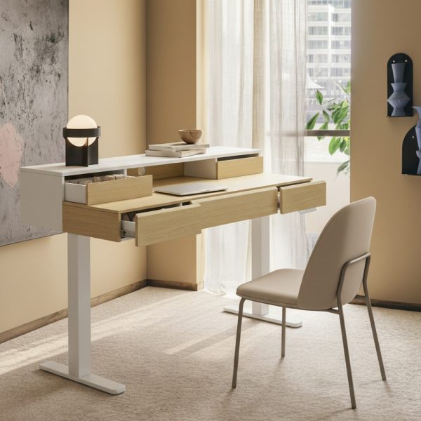 product-open-41372abead044bc486eaa93a9caefcbf-goods Electric Standing Desk with Drawers | 48 Inches Height Adjustable, Monitor Shelf, Whole-Piece Board, 4 Memory Height Settings, Classic Wood Color, PERLECARE