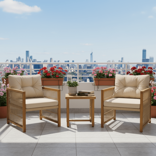 product-open-414681019dd3496d9abcd6df0b90a60f-goods 3pcs Outdoor Acacia Wood & PE Rattan Bistro Set with Removable Cushions & Slatted Coffee Table - All-Weather Patio Furniture, Armchairs and Table for Poolside, Backyard, Balcony - Easy Assembly Required