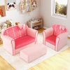 product-open-41bd9a9f1a874306b04d26d81496f815-goods COSTWAY Double Sofa with Ottoman, Upholstered Couch Featuring Curved Armrests, Adorable Bow, Sturdy Wooden Frame, Soft Velvet Loveseat Chair for Kids -5