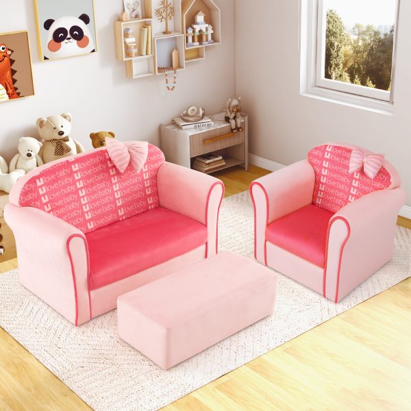 product-open-41bd9a9f1a874306b04d26d81496f815-goods COSTWAY Double Sofa with Ottoman, Upholstered Couch Featuring Curved Armrests, Adorable Bow, Sturdy Wooden Frame, Soft Velvet Loveseat Chair for Kids -5