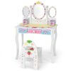 product-open-422f665db1b542b1b6066d1a7f4a1b49-goods COSTWAY Kids Vanity Table & Chair Set, Princess Makeup Dressing Table w/ 360° Rotating Tri-fold Mirror & Cute Strawberry Prints, 2 in 1 Vanity Set Writing Desk w/ 3 Drawers & 2 Storage Grids