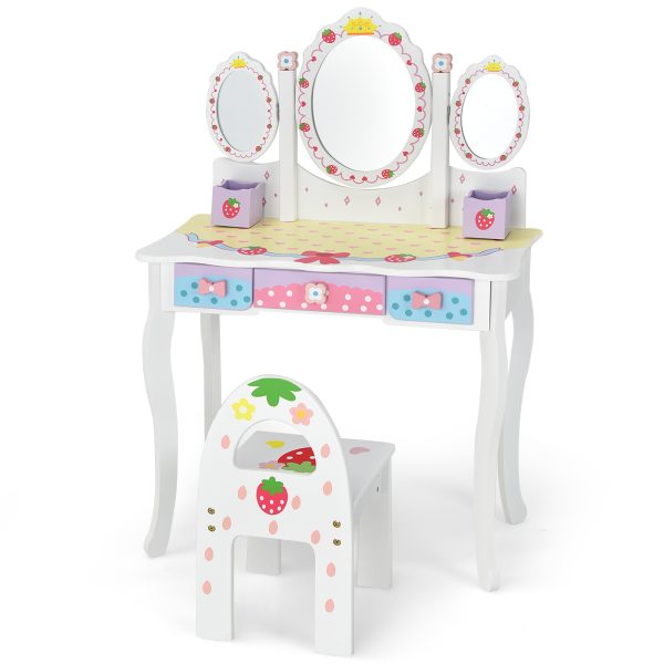 product-open-422f665db1b542b1b6066d1a7f4a1b49-goods COSTWAY Kids Vanity Table & Chair Set, Princess Makeup Dressing Table w/ 360° Rotating Tri-fold Mirror & Cute Strawberry Prints, 2 in 1 Vanity Set Writing Desk w/ 3 Drawers & 2 Storage Grids