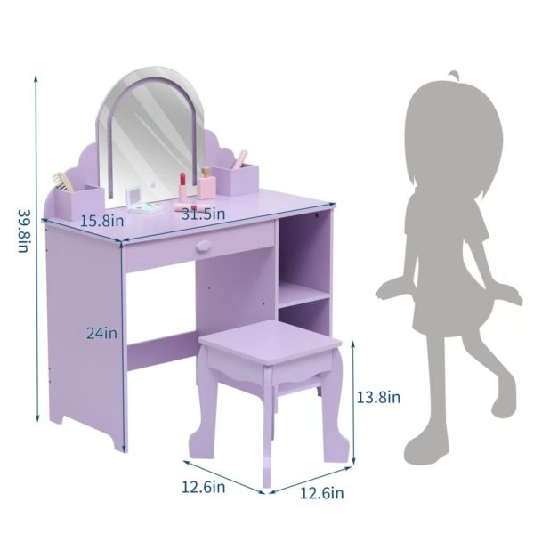 product-open-4260c444d2e8475fac43e217ffd20a06-goods Girls' Kids Vanity Desk with Mirror & Stool - Princess Makeup Table with Drawer, Shelves & Cubbies, Toddler Dressing Table Suitable for Little Girls, Assembly, Non-Wood