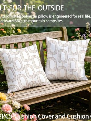 Outdoor Pillows 2pcs Set with Insert Hand-Drawn Beige Abstract Link Pattern Decorative Outdoor Cushion, 17.72inch Square Throw Pillow for Patio, Garden, Sofa, Bed, Breathable Fabric Cover with Hidden Zipper, Weather-Resistant