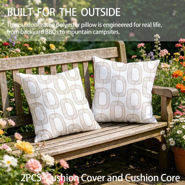 Outdoor Pillows 2pcs Set with Insert Hand-Drawn Beige Abstract Link Pattern Decorative Outdoor Cushion, 17.72inch Square Throw Pillow for Patio, Garden, Sofa, Bed, Breathable Fabric Cover with Hidden Zipper, Weather-Resistant