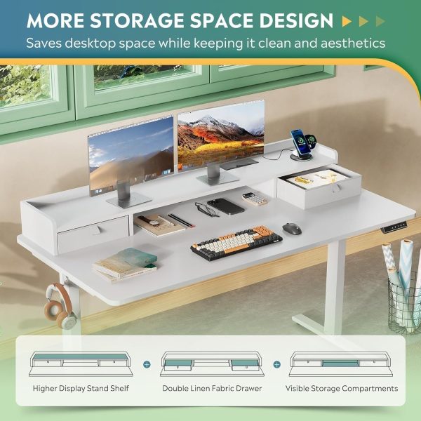 product-open-430c2e0f32a049cfa242b681a258081b-goods 55×28 Inch Electric Standing Desk with Drawers | 3 Adjustable Height, Storage Shelf, Built-in USB Outlet, Memory Preset, Sit to Stand, Contemporary Style, White, Engineered Wood Top, Box Drawers, Floor Mount, by GALAXHERO