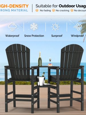 2pcs High-legged Adirondack Chair Set, All-weather High-density Polyethylene (HDPE) Bar Stool, Outdoor Chair with Double Tray and Parasol Opening, Suitable for Balconies, Poolside, Backyards, and Patios.