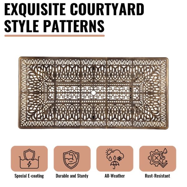 9pcs Cast Aluminum Outdoor Patio Dining Set - Ornate Scrollwork Design, Weather-Resistant Rust-Proof Frame, Square Table & 6 Cushioned Chairs, Suitable for Garden, Backyard & Poolside