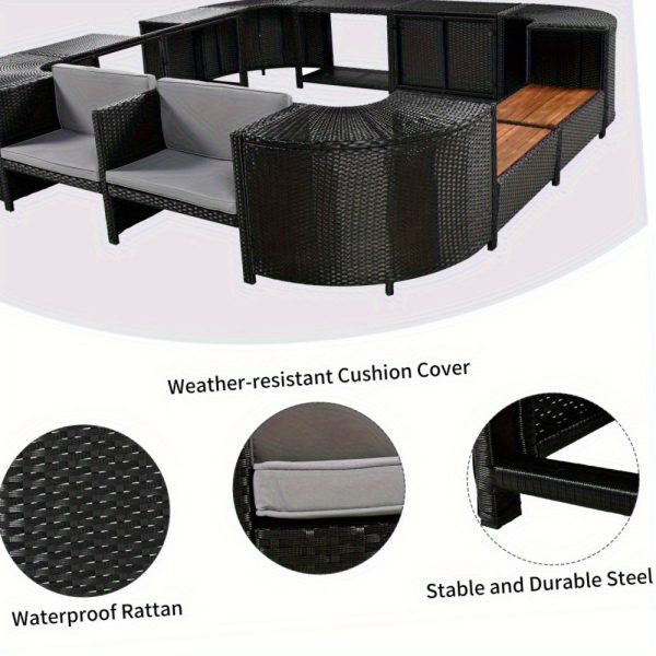 [Outdoor All Weather Sofa] Patio Rattan Sofa Set Spa Surround Spa Frame With Storage Spaces, Outdoor All Weather Round Conversation Sofa Set With Acacia Wood Seats And Waterproof Cushion, Free Combination