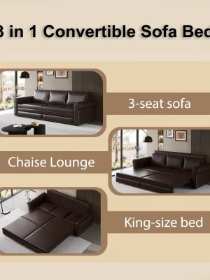 Modern Convertible Sofa Bed 93.7' Space-Saving Sleeper with Pull-Out Design Three-Seater Leather Folding Transformable Durable Luxurious Suitable Adjustable Backrest Plush Cushions Cozy for Living Room