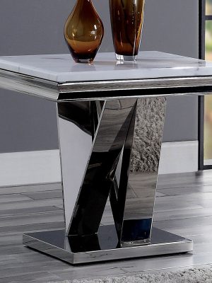 1pc End Table Modern Glam Style 18Mm Faux Marble on Top Rectangular V-Shape Pedestal Base Stainl Steel Metal Structure Chroma End Coffee Table-Not Included