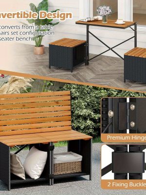 LIFEZEAL 2-in-1 Outdoor Convertible Bench, Transforming Interchangeable Picnic Table Garden Loveseat, PE Rattan Acacia Wood Foldable Table and Chairs Set with Metal Frame, for Porch Backyard & Deck