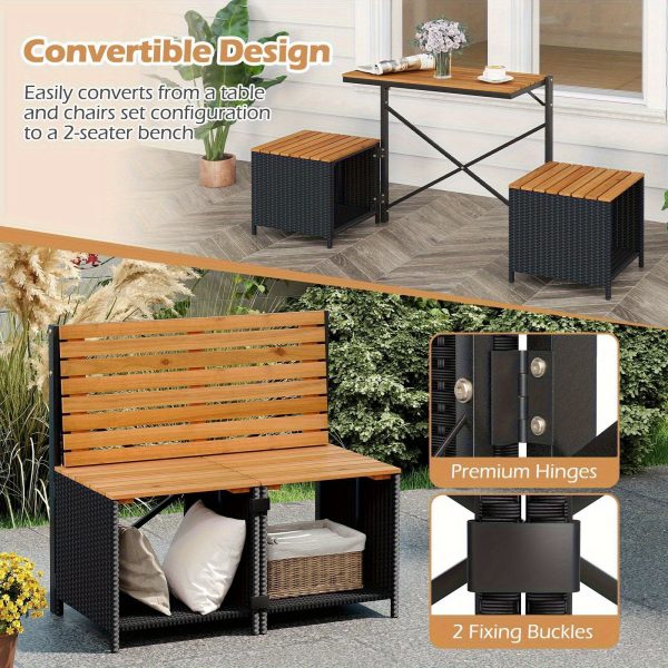 product-open-4480566585b6422a8ba02f4678aa11de-goods LIFEZEAL 2-in-1 Outdoor Convertible Bench, Transforming Interchangeable Picnic Table Garden Loveseat, PE Rattan Acacia Wood Foldable Table and Chairs Set with Metal Frame, for Porch Backyard & Deck