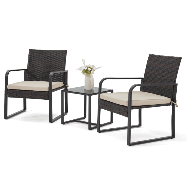 Bezseller 3pcs Outdoor Furniture Set, Rattan Bistro Set with Coffee Table, Sturdy Steel Frame with Cushions for Garden, Balcony, Poolside, And Backyard